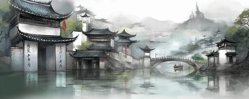 中国复古彩色水墨风景国画江南水乡风景,插画/手绘图,插画/手绘图库,插画/手绘图下载,插画/手绘